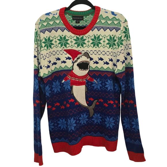 Blizzard Bay Ugly Christmas Shark Funny Sweater Cute Holiday Crewneck Men's M - Picture 1 of 7